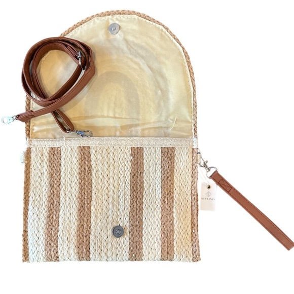 Cream & Tan Two Tone Straw & Sequin Clutch Wristlet or Crossbody Bag NWT - Picture 13 of 13